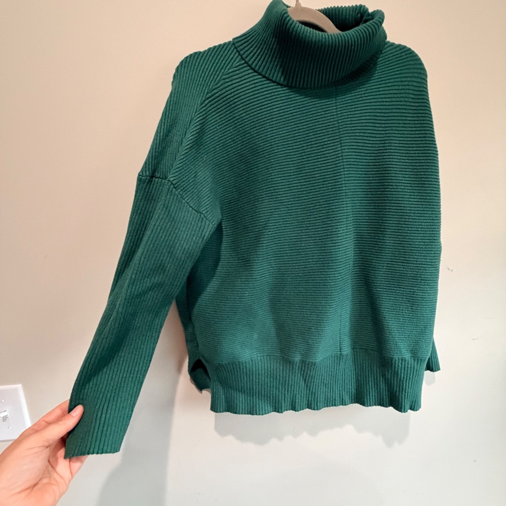 Ribbed Turtleneck Sweater Women Large Green Stretch Chunky Minimalist Indie Cozy